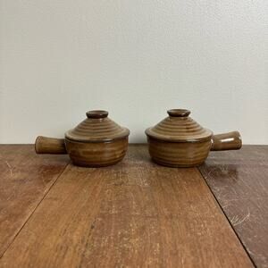 Pair VINTAGE Brown Glazed Stoneware Soup‎ Bean Vented Lidded Tagine bowls